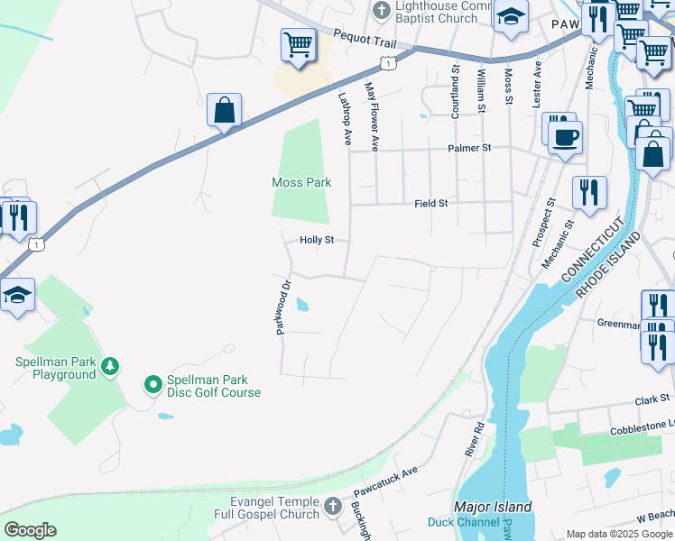 map of restaurants, bars, coffee shops, grocery stores, and more near 57 Lathrop Avenue in Stonington