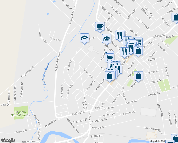map of restaurants, bars, coffee shops, grocery stores, and more near 411 W Mary St in Old Forge