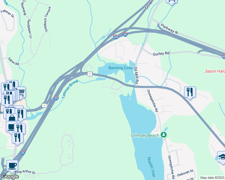 map of restaurants, bars, coffee shops, grocery stores, and more near 18 Hill Road in East Lyme