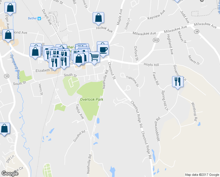 map of restaurants, bars, coffee shops, grocery stores, and more near 36 1/2 Nashville Road in Bethel