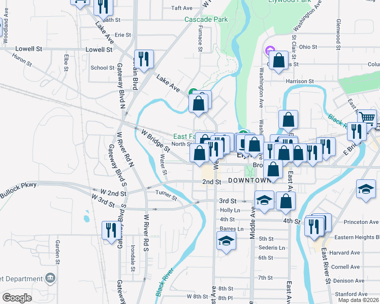 map of restaurants, bars, coffee shops, grocery stores, and more near 71 Chestnut Street in Elyria