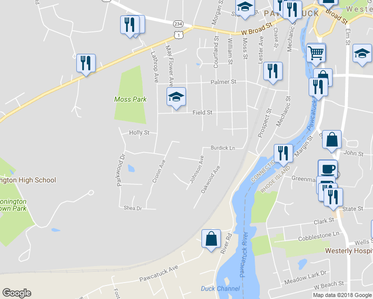 map of restaurants, bars, coffee shops, grocery stores, and more near 34 Burdick Lane in Stonington