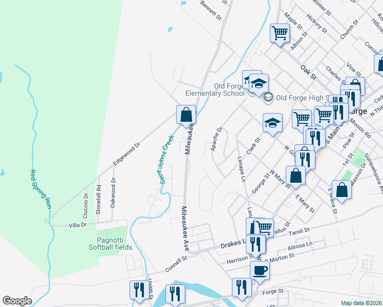 map of restaurants, bars, coffee shops, grocery stores, and more near 560 Milwaukee Avenue in Old Forge