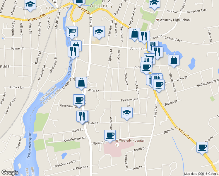 map of restaurants, bars, coffee shops, grocery stores, and more near 27 Westminster St in Westerly