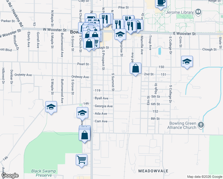 map of restaurants, bars, coffee shops, grocery stores, and more near 231 Palmer Ave in Bowling Green
