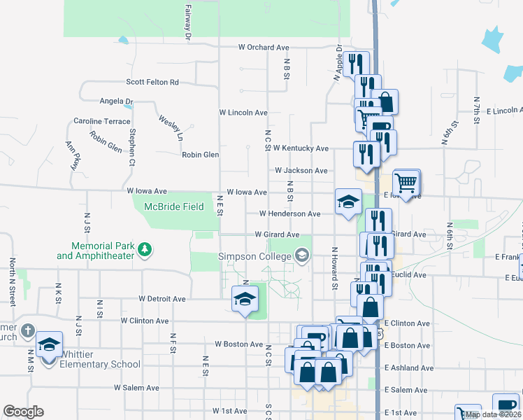 map of restaurants, bars, coffee shops, grocery stores, and more near 901 North C Street in Indianola