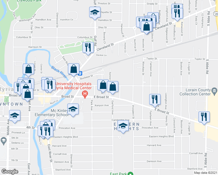 map of restaurants, bars, coffee shops, grocery stores, and more near 219 Clark Street in Elyria