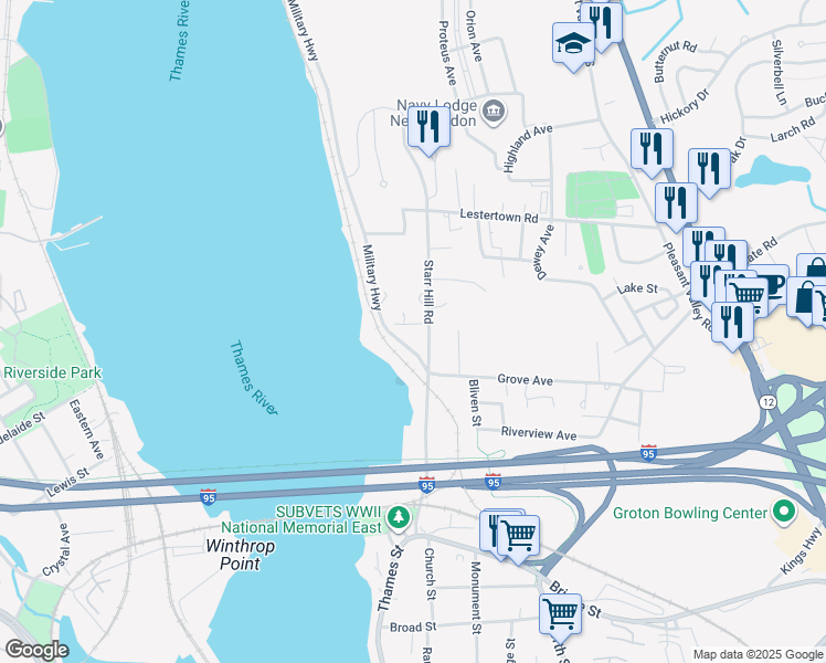 map of restaurants, bars, coffee shops, grocery stores, and more near 56 Starr Hill Road in Groton