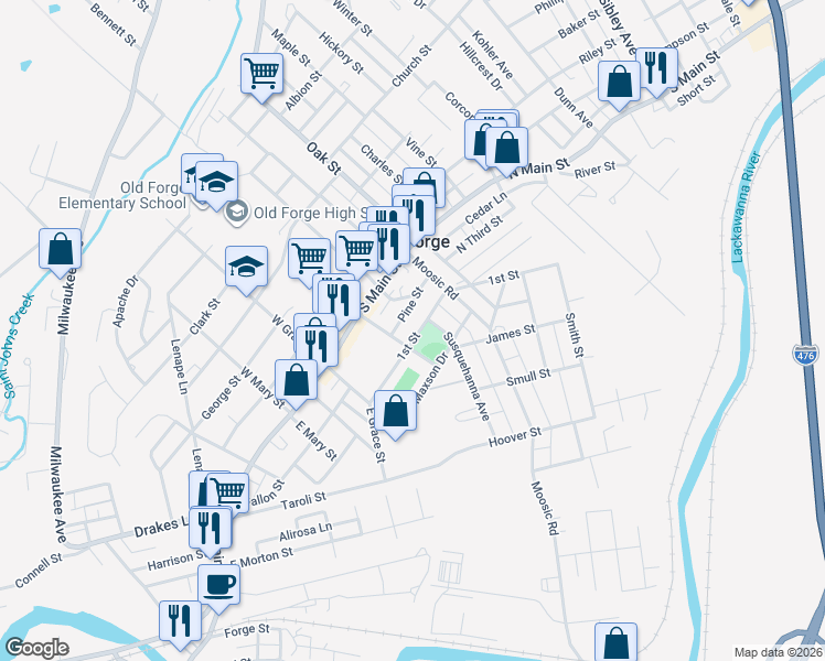 map of restaurants, bars, coffee shops, grocery stores, and more near 237 1st St in Old Forge