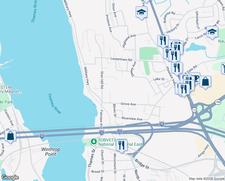 map of restaurants, bars, coffee shops, grocery stores, and more near 46 Marquardt Lane in Groton