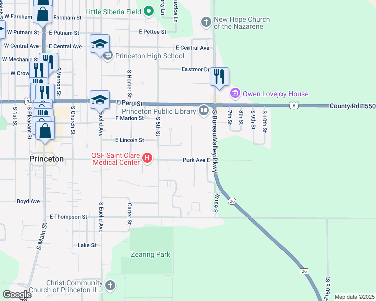 map of restaurants, bars, coffee shops, grocery stores, and more near 628 South 5th Avenue Drive in Princeton