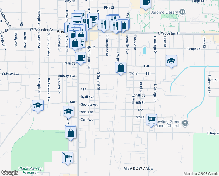 map of restaurants, bars, coffee shops, grocery stores, and more near 455 South Enterprise Street in Bowling Green