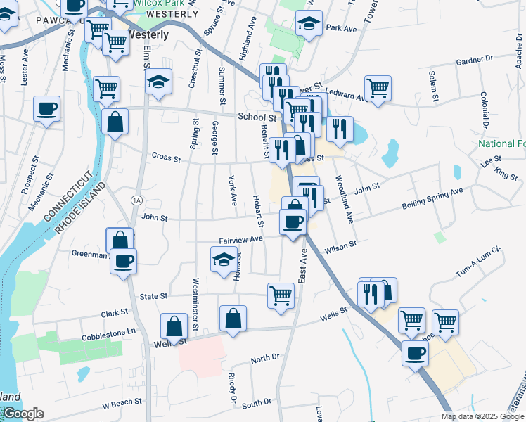 map of restaurants, bars, coffee shops, grocery stores, and more near 24 Hobart Street in Westerly