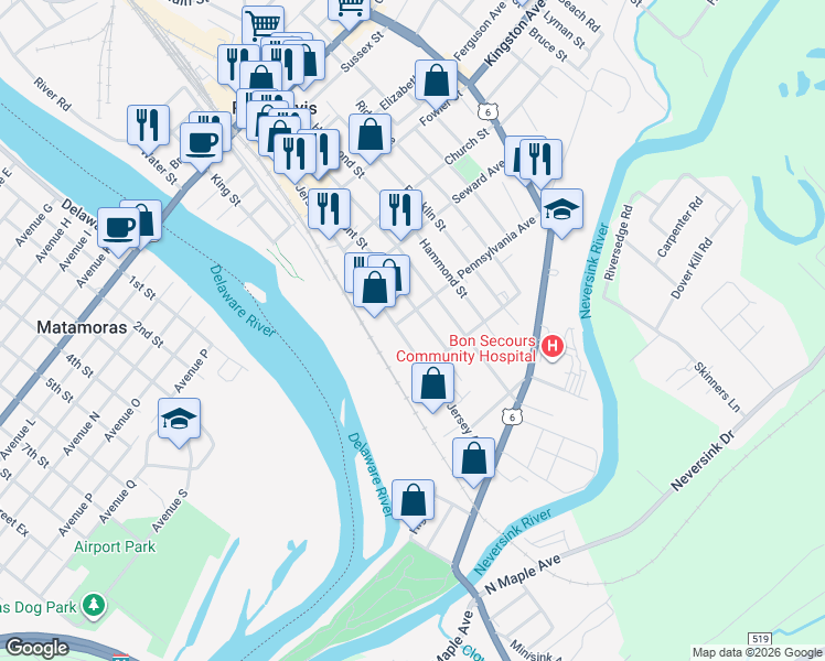 map of restaurants, bars, coffee shops, grocery stores, and more near 131 Jersey Avenue in Port Jervis