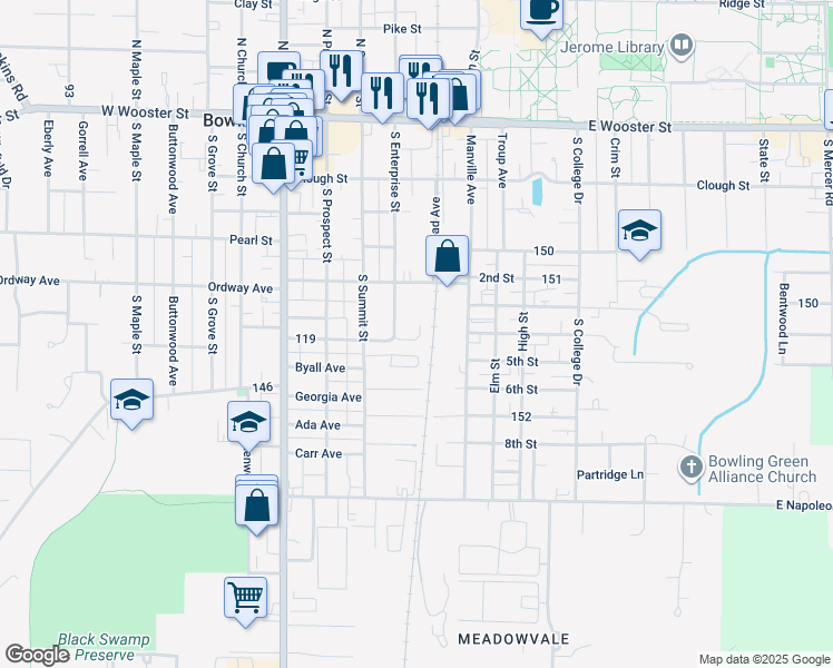 map of restaurants, bars, coffee shops, grocery stores, and more near 455 South Enterprise Street in Bowling Green