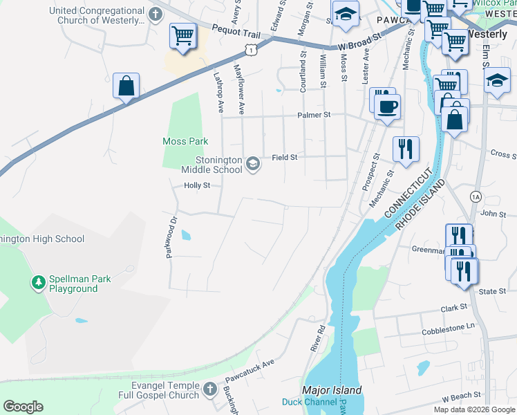 map of restaurants, bars, coffee shops, grocery stores, and more near 34 Burdick Lane in Stonington