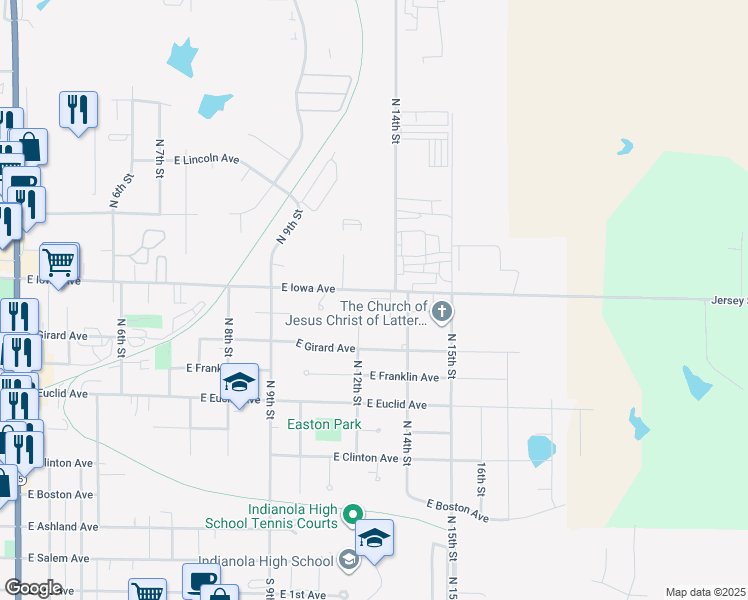 map of restaurants, bars, coffee shops, grocery stores, and more near 1303 East Iowa Avenue in Indianola