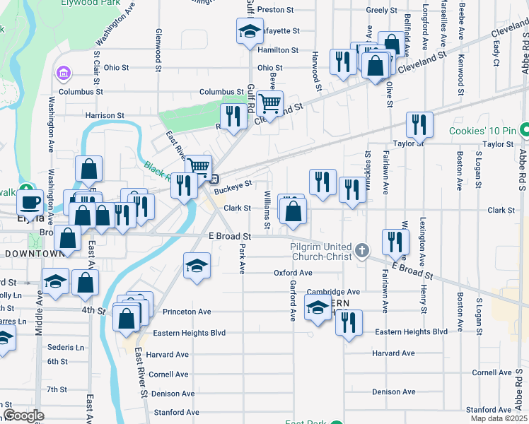 map of restaurants, bars, coffee shops, grocery stores, and more near 161 Clark Street in Elyria