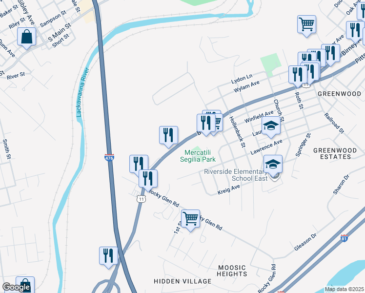 map of restaurants, bars, coffee shops, grocery stores, and more near 4107 Birney Avenue in Moosic