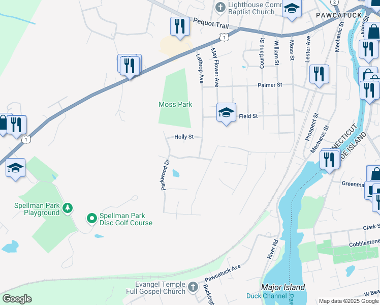 map of restaurants, bars, coffee shops, grocery stores, and more near 57 Lathrop Avenue in Stonington