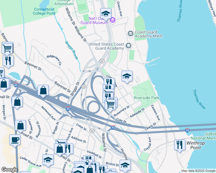 map of restaurants, bars, coffee shops, grocery stores, and more near 487 Williams Street in New London
