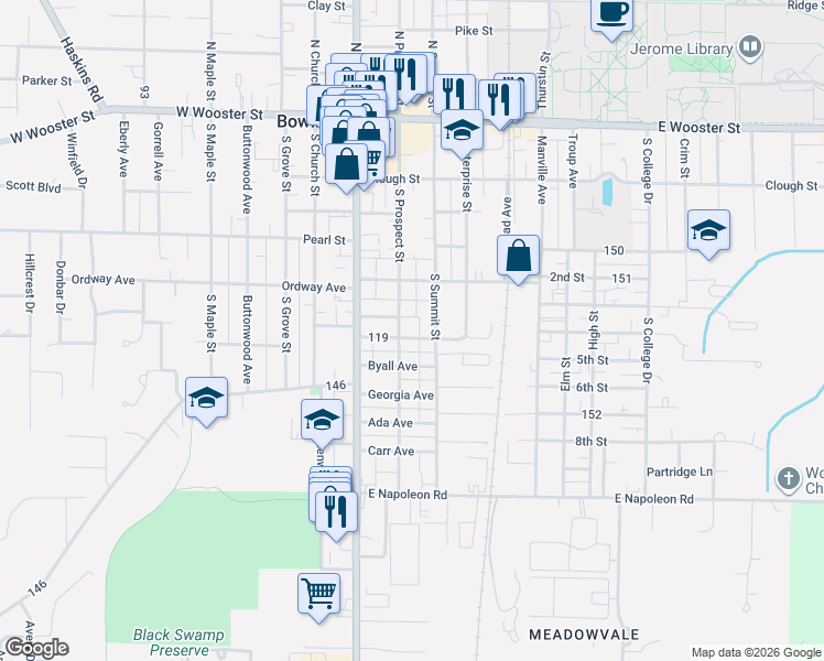 map of restaurants, bars, coffee shops, grocery stores, and more near 137 Palmer Avenue in Bowling Green