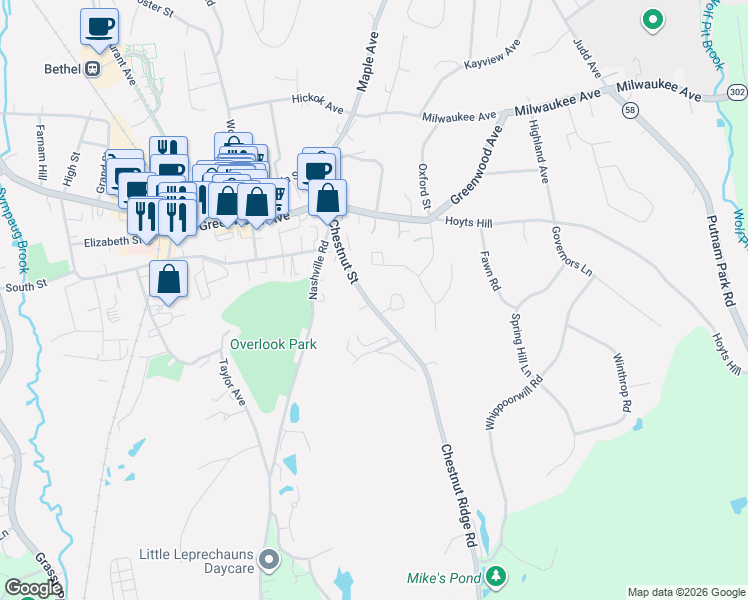 map of restaurants, bars, coffee shops, grocery stores, and more near 76 Chestnut Street in Bethel