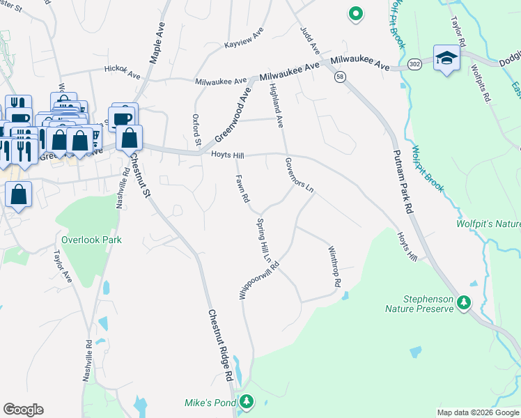 map of restaurants, bars, coffee shops, grocery stores, and more near 11 Spring Hill Lane in Bethel