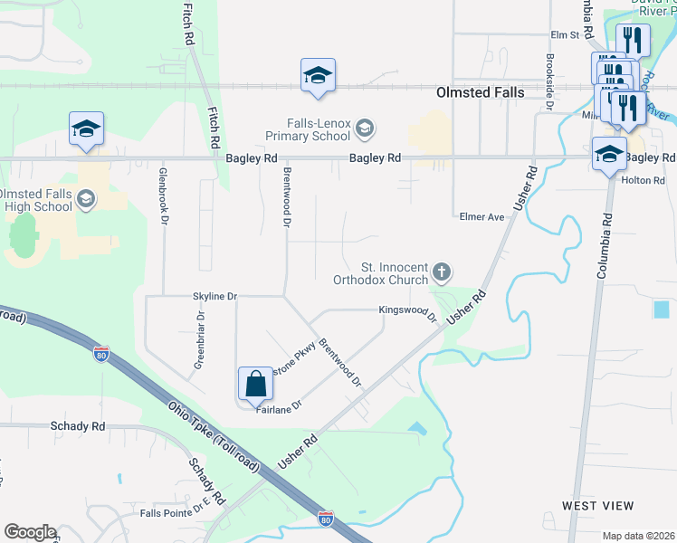 map of restaurants, bars, coffee shops, grocery stores, and more near 8460 Old Post Road in Olmsted Falls