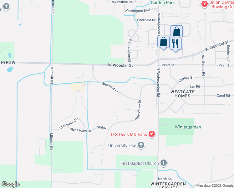 map of restaurants, bars, coffee shops, grocery stores, and more near 1447 Muirfield Drive in Bowling Green