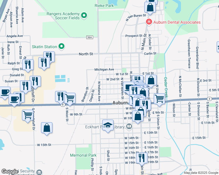 map of restaurants, bars, coffee shops, grocery stores, and more near 334 West 4th Street in Auburn