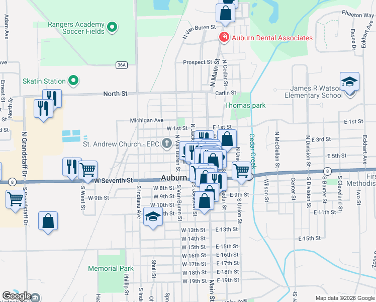 map of restaurants, bars, coffee shops, grocery stores, and more near 307 North Jackson Street in Auburn