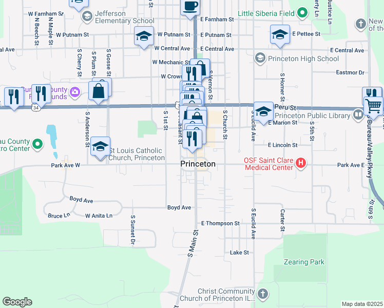 map of restaurants, bars, coffee shops, grocery stores, and more near 646 South Main Street in Princeton