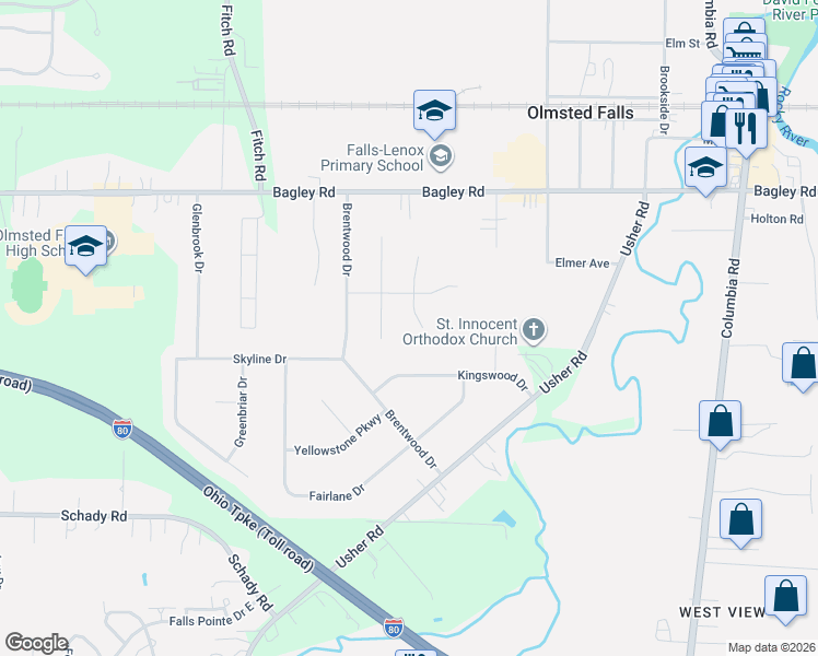 map of restaurants, bars, coffee shops, grocery stores, and more near 8460 Old Post Road in Olmsted Falls