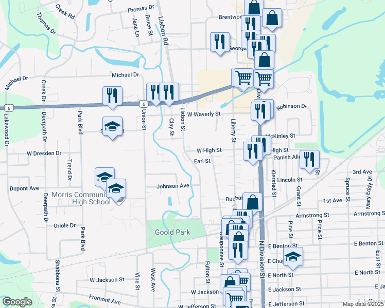 map of restaurants, bars, coffee shops, grocery stores, and more near 225 West High Street in Morris