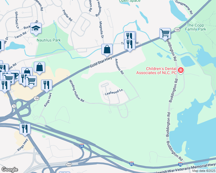 map of restaurants, bars, coffee shops, grocery stores, and more near 75 Crown Knoll Court in Groton