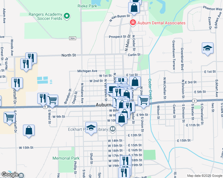 map of restaurants, bars, coffee shops, grocery stores, and more near 307 North Jackson Street in Auburn