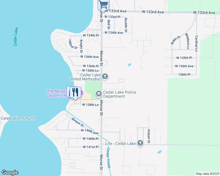 map of restaurants, bars, coffee shops, grocery stores, and more near 7113 West 137th Lane in Cedar Lake
