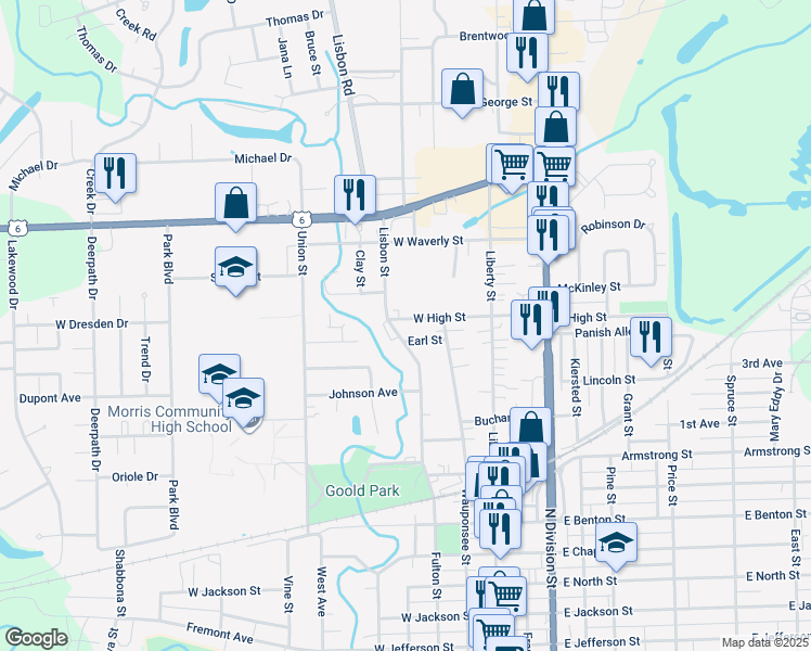map of restaurants, bars, coffee shops, grocery stores, and more near 225 West High Street in Morris