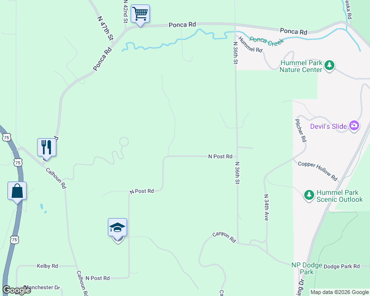 map of restaurants, bars, coffee shops, grocery stores, and more near 3910 North Post Road in Omaha