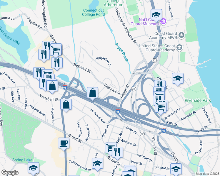 map of restaurants, bars, coffee shops, grocery stores, and more near 230 Bayonet Street in New London