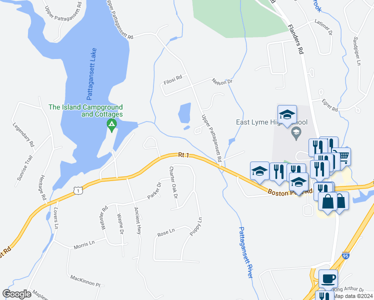 map of restaurants, bars, coffee shops, grocery stores, and more near 225 Boston Post Road in East Lyme