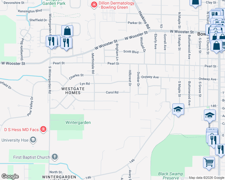 map of restaurants, bars, coffee shops, grocery stores, and more near 916 Carol Road in Bowling Green