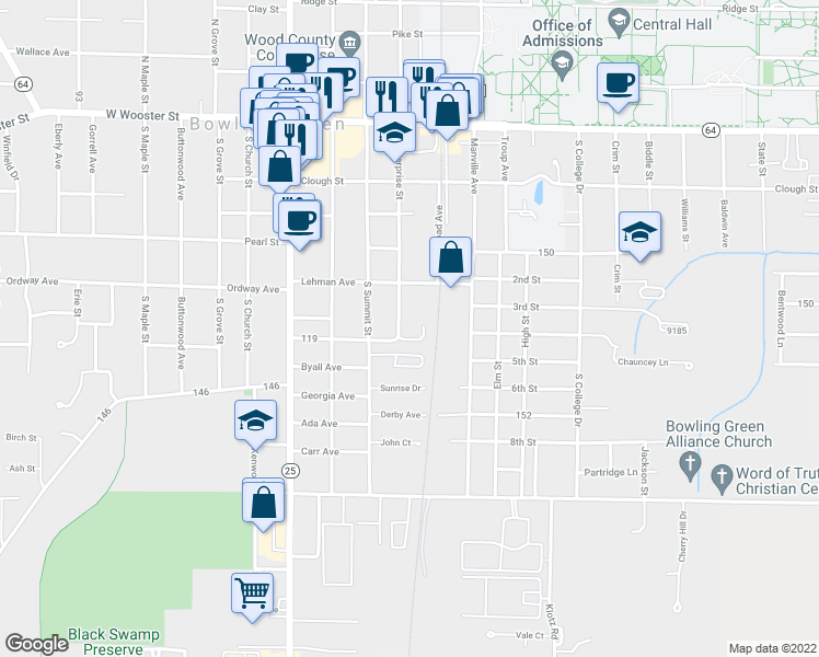 map of restaurants, bars, coffee shops, grocery stores, and more near 449 South Enterprise Street in Bowling Green