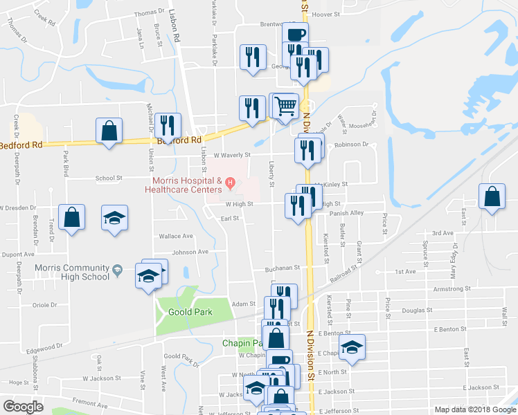 map of restaurants, bars, coffee shops, grocery stores, and more near 119 West High Street in Morris