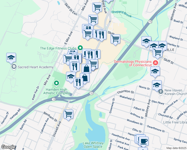 map of restaurants, bars, coffee shops, grocery stores, and more near 2165 Dixwell Avenue in Hamden