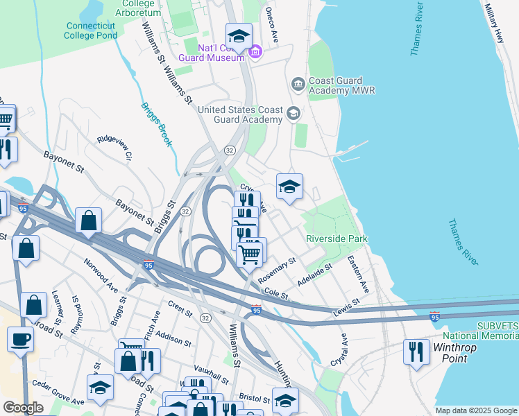 map of restaurants, bars, coffee shops, grocery stores, and more near 298 Crystal Avenue in New London