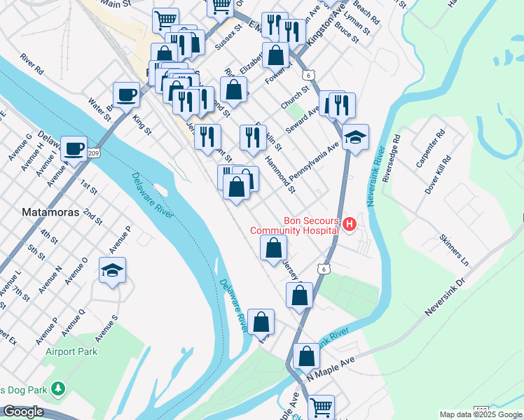 map of restaurants, bars, coffee shops, grocery stores, and more near 165 Front Street in Port Jervis