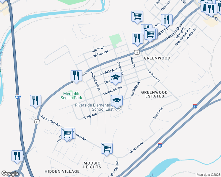 map of restaurants, bars, coffee shops, grocery stores, and more near 746-798 School Street in Moosic