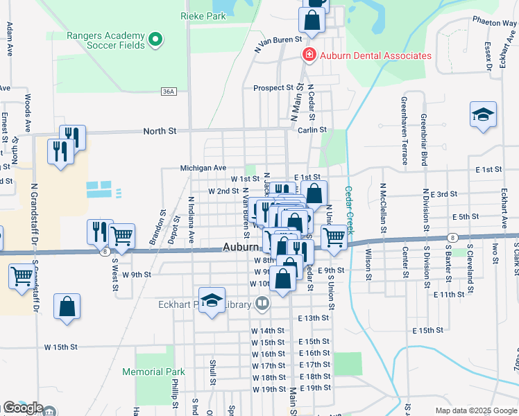 map of restaurants, bars, coffee shops, grocery stores, and more near 307 North Jackson Street in Auburn